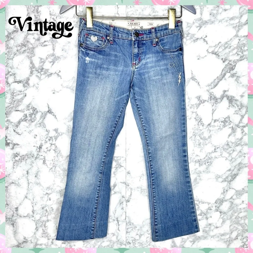 Old Navy Y2K Girls 12 Light Wash Embroider Denim Capris Stretch Adjustable Waist - Picture 11 of 11